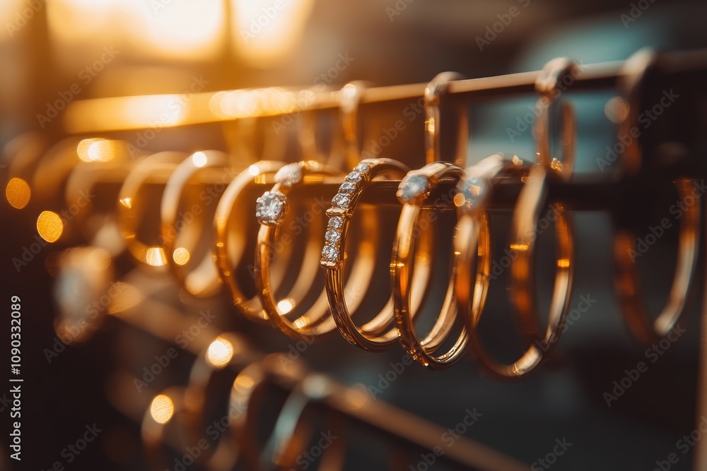 Poster a close-up of rings displayed on a rack, illuminated by warm sunlight.