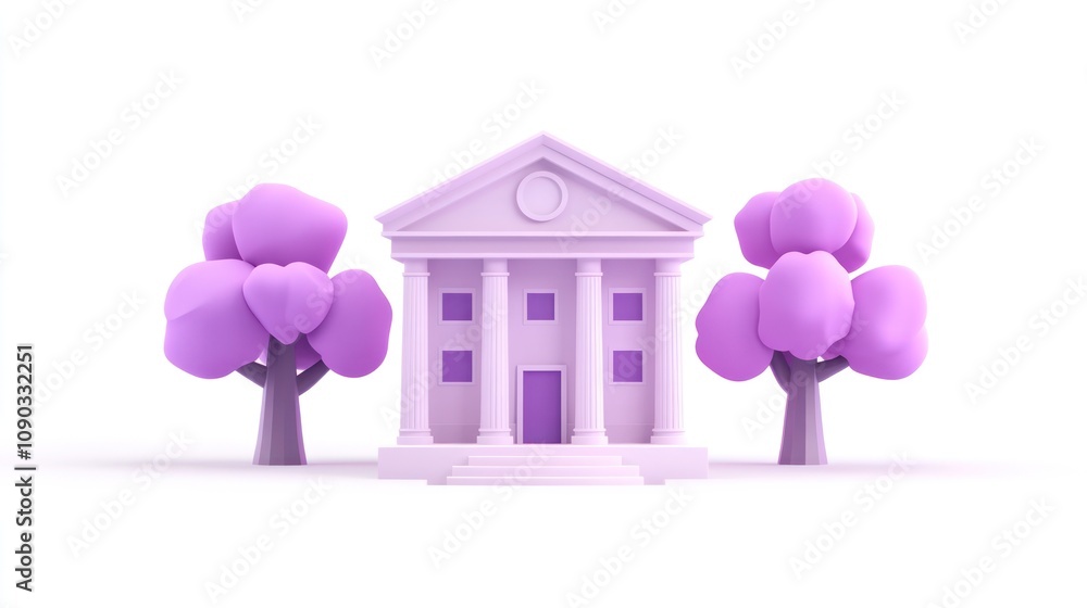 Poster A stylized purple building with columns and two matching trees.