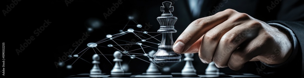 Poster A hand moves a chess piece, symbolizing strategy and decision-making in a digital context.