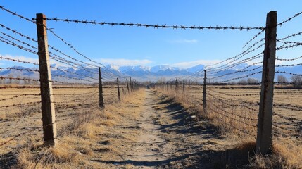 Fototapeta premium Barbed Wire Fence with Mountain View
