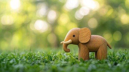 Obraz premium Wooden elephant figurine on grassy field, with sunlit green bokeh background, symbolizing nature and tranquility.