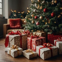 Christmas tree with gifts and decorations