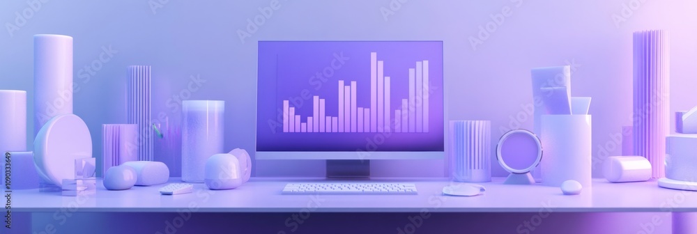 Poster A modern workspace featuring a computer and various geometric objects in soft colors.