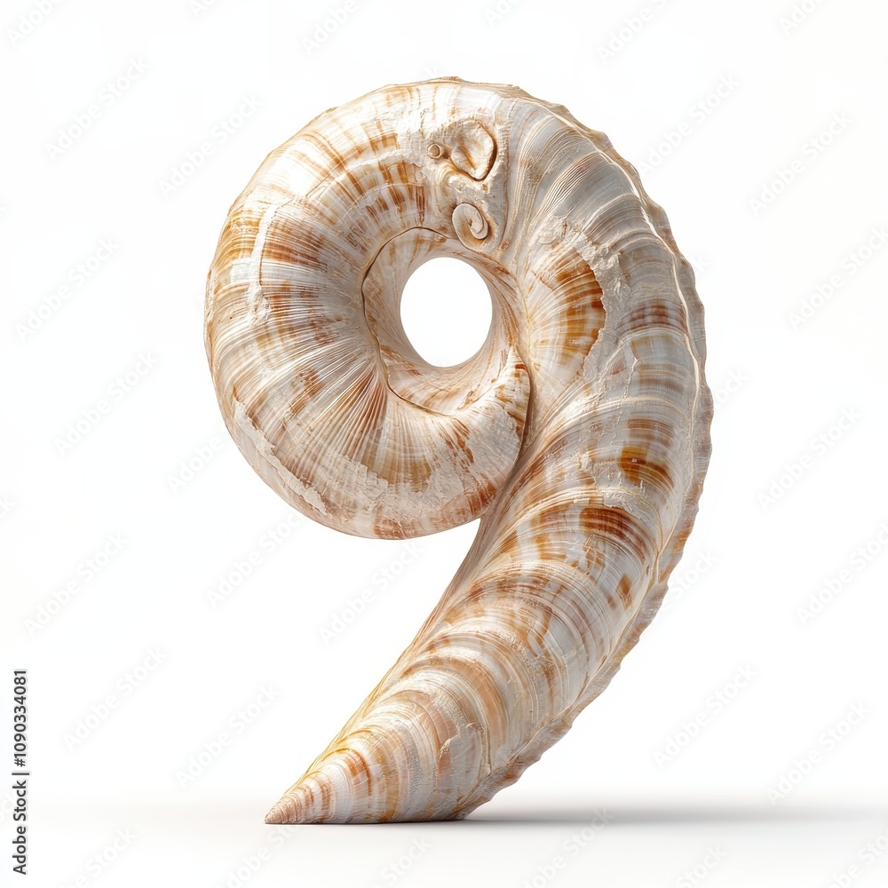 Poster a stylized number 9 shaped like a seashell, showcasing natural patterns and textures.
