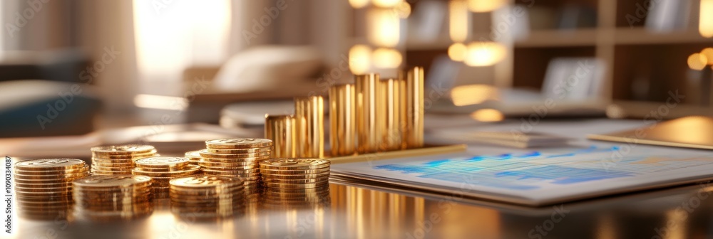 Poster a business workspace featuring gold coins and a financial report on a table.