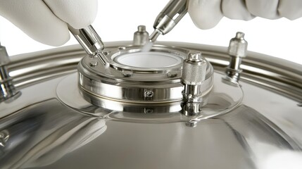 Close-Up of a Technician&rsquo;s Hands Performing a Precision Operation on a Sterile Stainless Steel Device in a Controlled Laboratory Environment