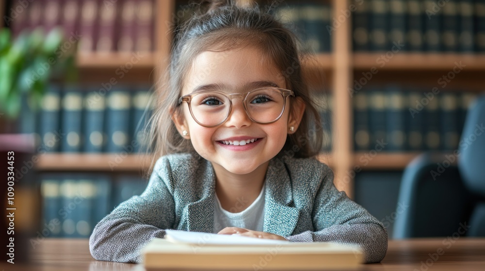 Poster a smiling girl in glasses sits at a desk with books in a library setting.