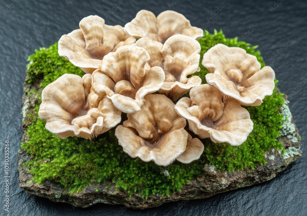 Poster a cluster of realistic mushroom models on a moss-covered base.