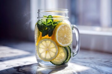 Fresh Detox Water: Lemon, Cucumber, and Mint in a Refreshing Glass Jar
