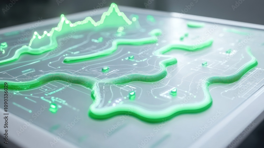 Aufkleber a futuristic topographic map with glowing green contours and data overlays.