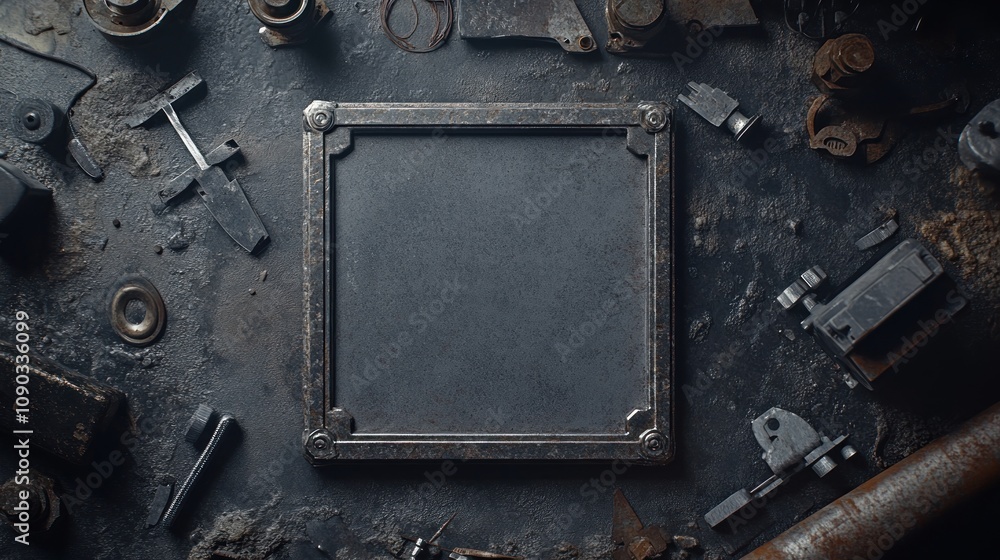 Poster A blank frame surrounded by various tools and mechanical parts on a textured surface.