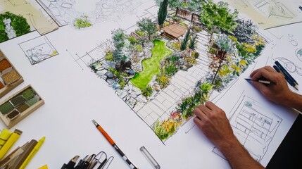 A detailed view of a landscape architect planning a garden, with sketches and plant samples on a table, Landscape design studio scene