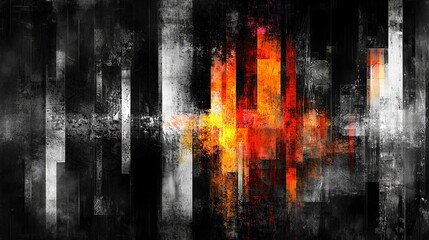 Fototapeta premium A black and white abstract painting with orange and yellow colors