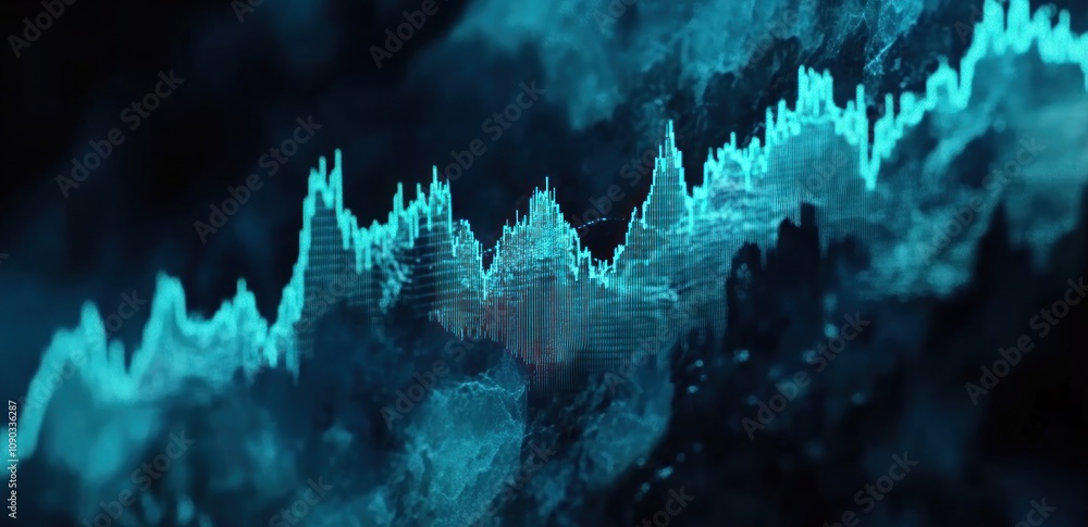 Poster Abstract digital representation of sound waves or data trends in vibrant blue tones.