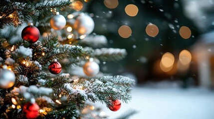 Enchanting Christmas tree adorned with red gold and silver ornaments surrounded by snow covered pine branches and twinkling fairy lights creating a cozy and magical winter wonderland scene