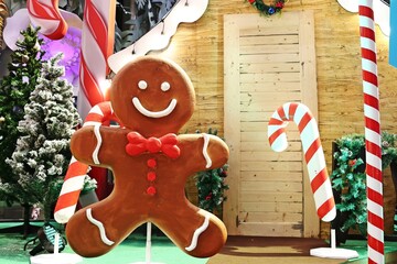 Gingerbread man, Candy cane and Christmas tree decoration holiday background