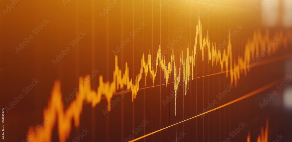 Poster a close-up of a fluctuating financial graph with warm tones.
