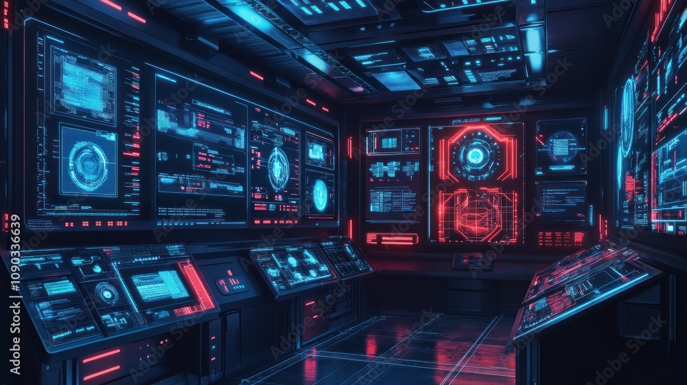 Poster futuristic control room with glowing screens and advanced technology.