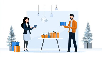 Two business professionals working together on a laptop computer while surrounded by gift boxes and a snowy winter landscape with pine trees and mountains in the background