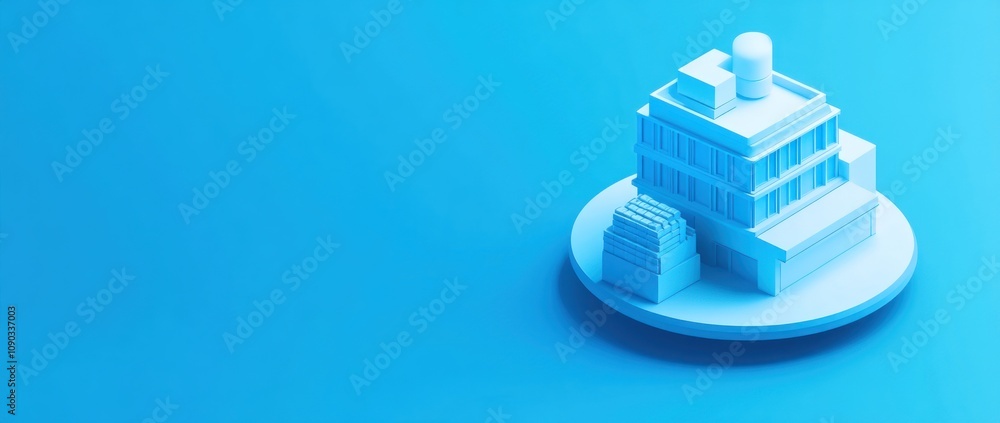 Aufkleber A 3D blue model of a building structure on a circular base against a solid blue background.