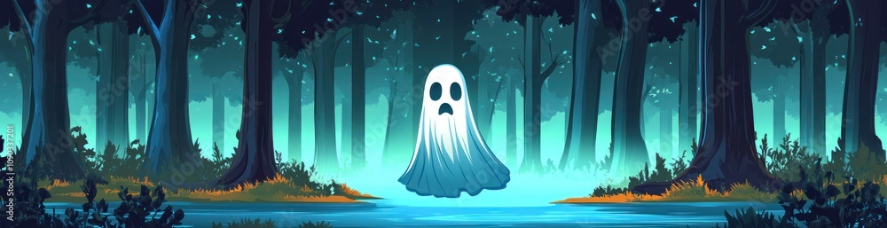 Poster a ghostly figure floats in a mystical forest, creating an eerie yet enchanting atmosphere.