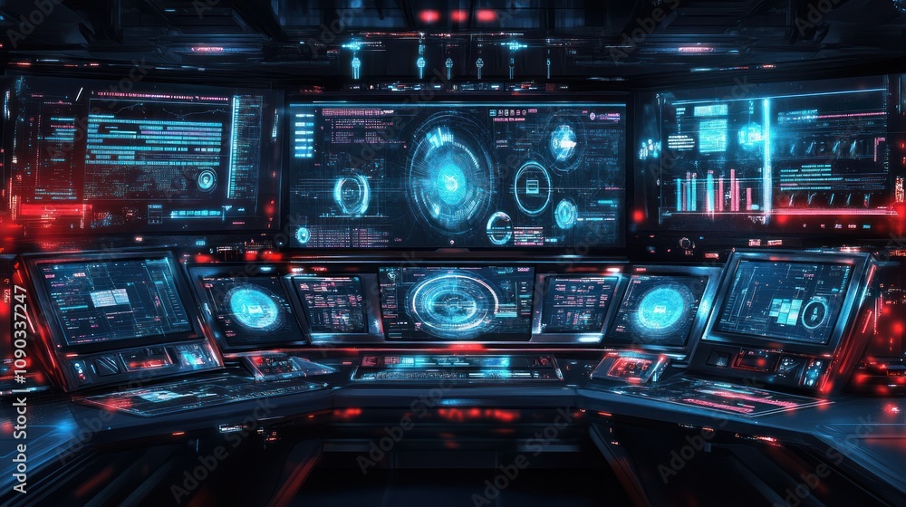 Fototapete Futuristic control room with multiple screens displaying data and analytics.