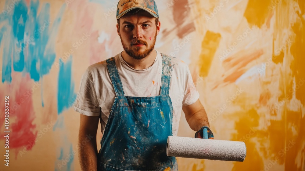 Poster a detailed view of a painter in overalls and a cap, holding a paint roller and looking directly at t