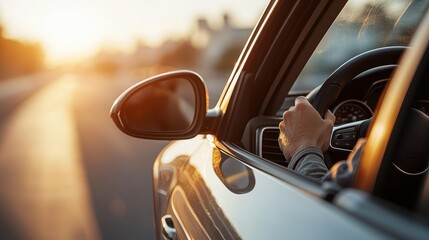 Naklejka premium A close-up view of a driver's hand on the steering wheel, capturing the golden glow of sunset through the car window.