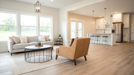 Fototapeta premium A modern, airy living room with large windows, a cozy sofa, an armchair, and a stylish coffee table, blending comfort and elegance in a spacious layout.