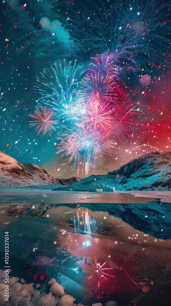 Poster fireworks display over a frozen lake with mountains in the background.