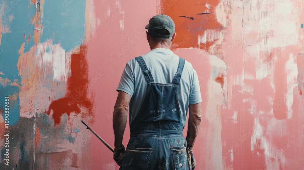 Poster a detailed view of a painter in overalls and a cap, holding a paint roller, looking directly at the 