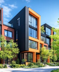 Modern Apartment Building with Large Windows and Greenery