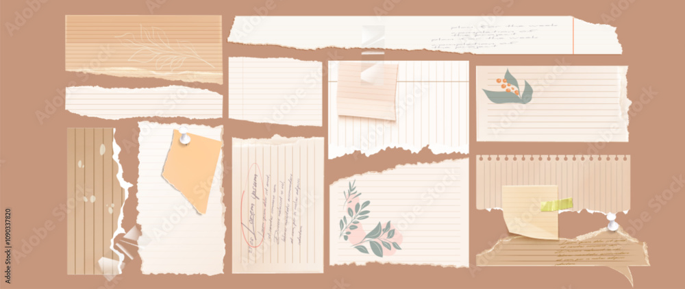 Poster ripped notepad sheets with delicate floral decorations, lined pattern, adhesive tape pieces and push