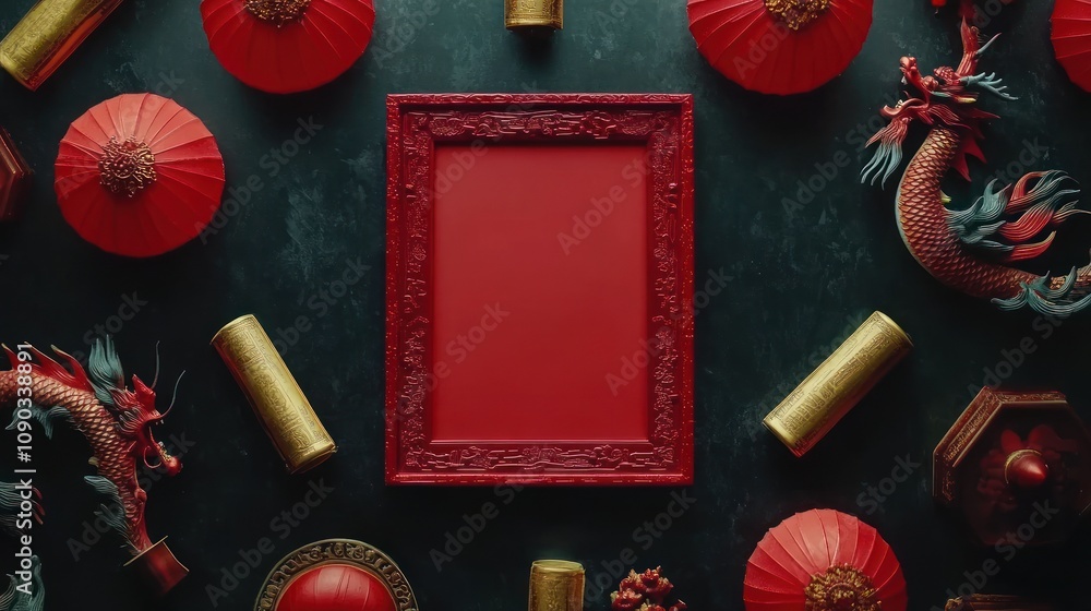 Poster a vibrant arrangement of red and gold decorative items with a blank frame at the center.