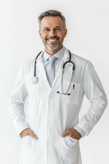 A doctor smiling, professional photography, white background 