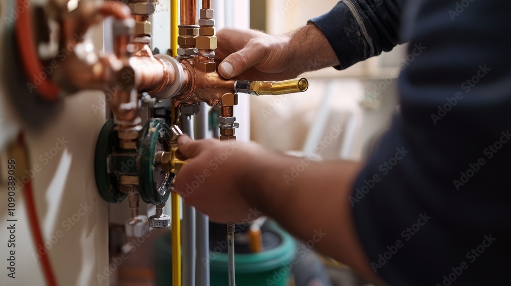 Poster a detailed view of a plumber installing piping systems in a commercial building renovation, plumbing