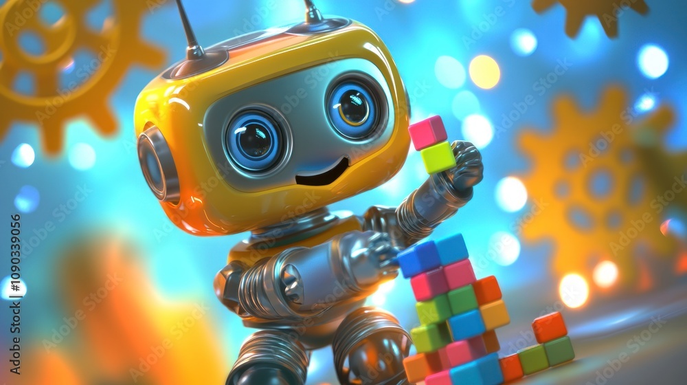 Aufkleber A cheerful robot stacking colorful blocks in a vibrant, playful environment.
