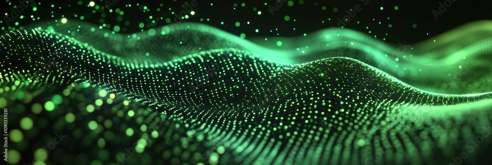Poster Abstract representation of waves with glowing green particles.