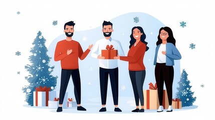 Fototapeta premium Joyful Family Celebrating Christmas Together in Cozy Gathering Around Decorated Christmas Tree with Presents and Fireplace in Winter Snowy Scene