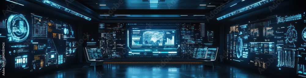 Aufkleber a futuristic control room with glowing screens and data displays.