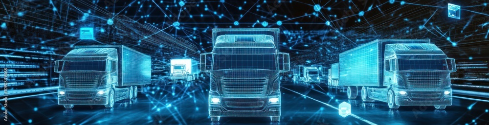 Poster digital representation of trucks connected by a network, symbolizing smart transportation.