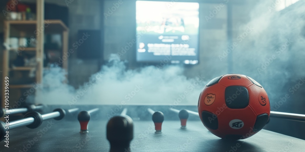 Poster A foosball table with a red ball and a screen displaying a game in a smoky environment.