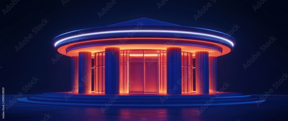 Poster a futuristic circular building illuminated with vibrant neon lights.