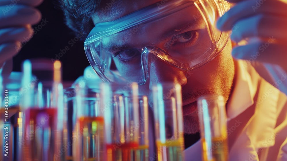 Poster a detailed view of a scientist in a laboratory wearing a lab coat and safety goggles, surrounded by 