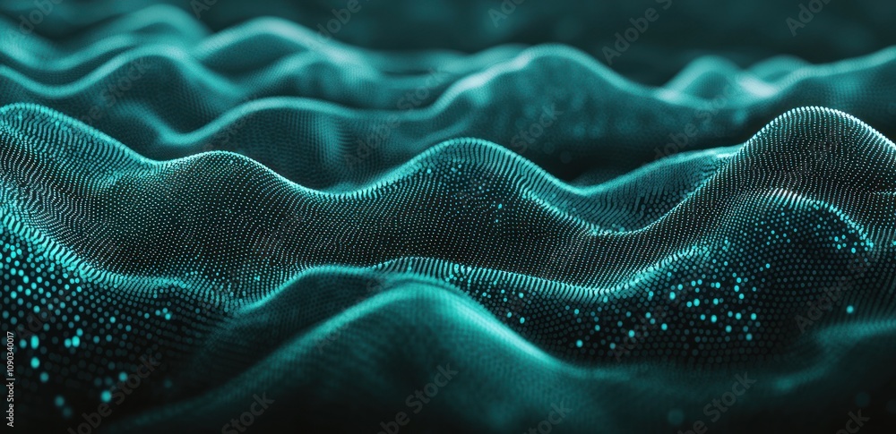 Aufkleber Abstract representation of waves with a digital texture and glowing particles.
