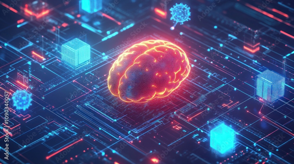Poster a digital brain surrounded by data elements, symbolizing ai and technology integration.