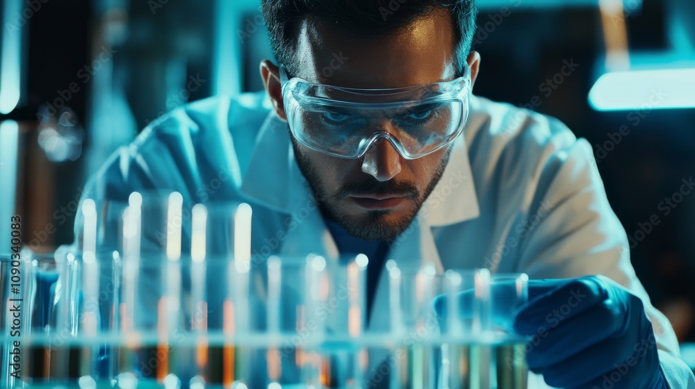 Poster a detailed view of a scientist in a laboratory wearing a lab coat and safety goggles, surrounded by 