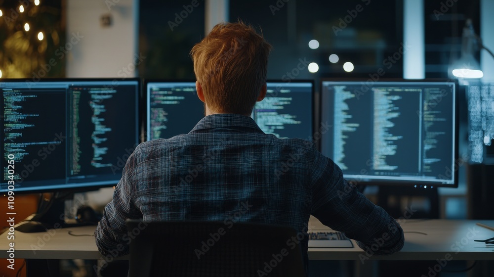 Aufkleber A detailed view of a software developer working at a desk with multiple monitors displaying code, in a modern tech office environment, Tech office scene