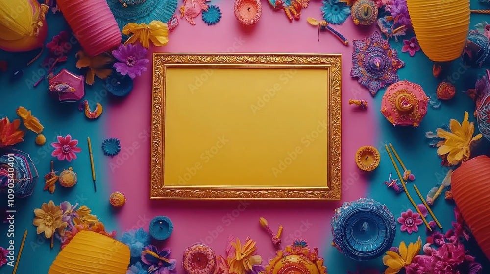 Poster A vibrant flat lay featuring colorful decorations and an empty frame for artistic display.