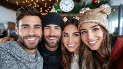Obraz premium A group of happy smiling young friends huddled together in a cozy winter setting surrounded by snow and festive decor celebrating the holiday season with joy and enthusiasm